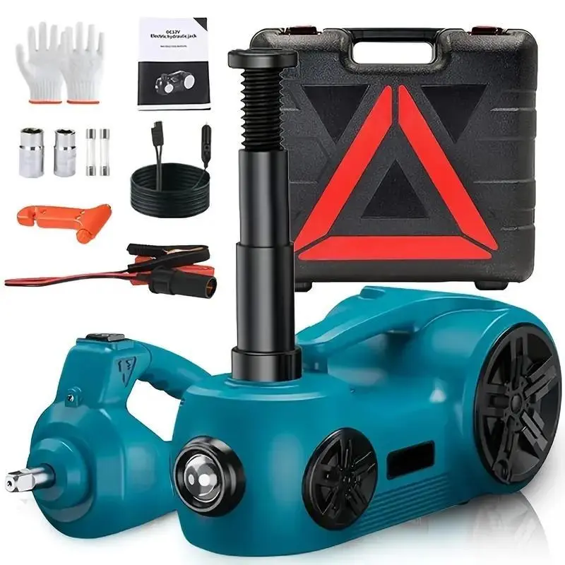Electric Car Jack Kit, 5 Ton 12V Hydraulic car Jack with Impact Wrench and Tire Inflator Pump, 17.7 Inch Lift Range 3in1 Floor Jack Lift for SUV MPV Sedan Truck Change Tires Garage Repair
