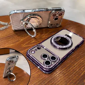 Phone Case with Mirror & Stand for iPhone 12/13/14/15/16/17 Pro Max,17Air,14/15/16 Plus. Features a shiny frame, high-definition transparent material, and full-body drop-resistant design.