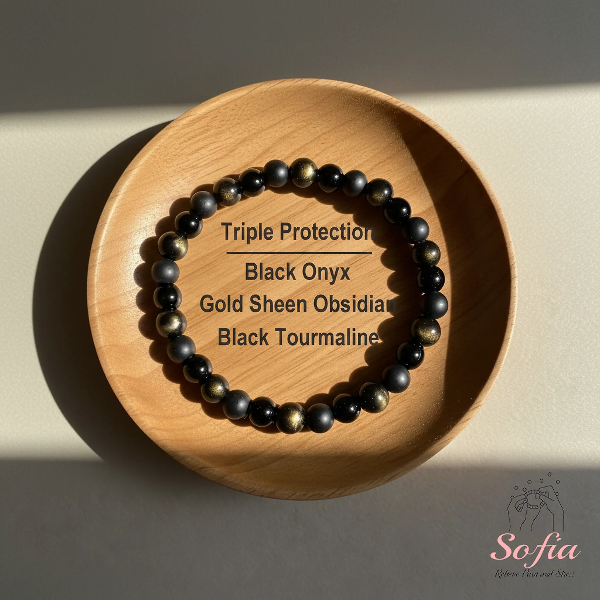 Sofia Triple Protection Bead Stretch Bracelet - 6mm Black Gemstone, Boho Style Bangles, Adjustable Fit Bangle, Handmade Daily Wear Jewelry Gift for Her, Bracelets