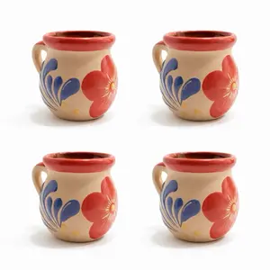 Mexican Pink Talavera 4pc Feathered Coffee Mugs 4 Tazas Rosas de Barro Mexicano Handmade Talavera Jarritos Plumeado 12oz Reusable Hot Cold Drinks Party Favors Gifts
