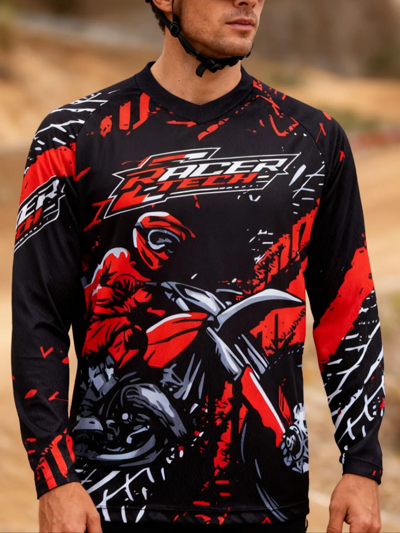 Motorcycle Off-Road Long Sleeve Shirt, Sporty Style Random Print Design, Moderate Fabric Thickness Athletic Top, All Season Wear, Athletic Apparel, Sports Top