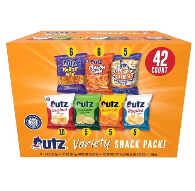 Utz Snack Variety Pack Individual Snacks, Includes Potato Chips, Cheese Curls, Popcorn, and Party Mix, Crunchy Travel Snacks for Lunches, Vending Machines, and Enjoying on the Go (Pack of 42)