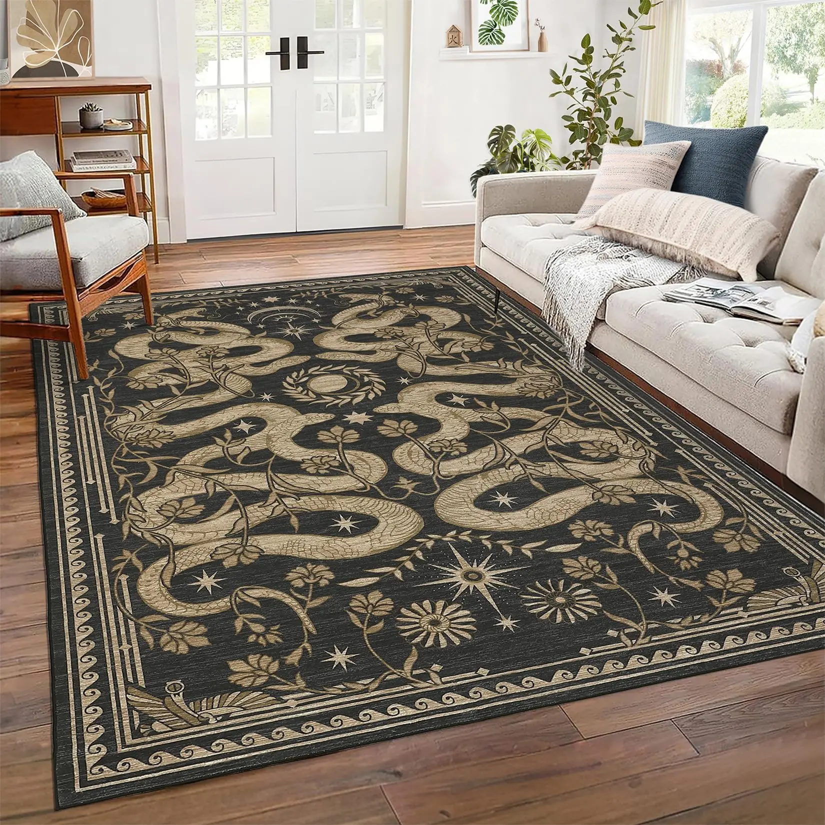 Garvee Snake Washable Rugs 5x7 Area Rug for Living Room Forest Soft Low-Pile Stain Resistant Thin Carpet for Bedroom Dining Nursery Non Slip Mat with Rubber Back Dark Grey