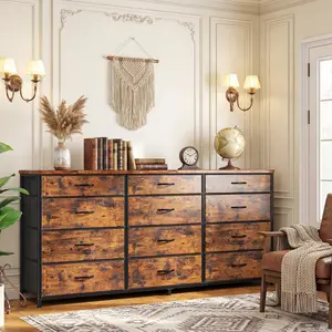 Raybee 55" Long Dresser for Bedroom with 12 Fabric Drawers, Sturdy Metal Frame & Easy Assembly, Entertainment Center for up to 55 inch TV, Large Storage Capacity Organizer for Closet, Living Room, Space-Saving Lightweight Chest of Drawers with Wood Top