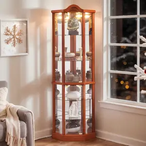 Corner Curio Cabinet, 72" H Lighted Glass Display Cabinet with 6 Adjustable Shelves, China Cabinet with Tempered Glass Doors, Light Blub Included, Rack for Living Room