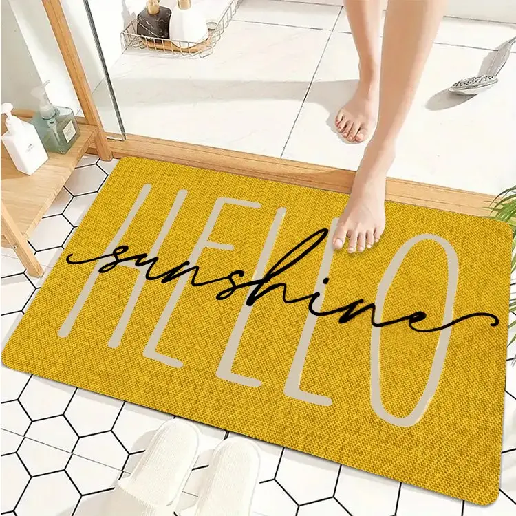 Yellow Hello Sunshine Low-Profile Fabric + Rubber Doormat - 32in(L)×20in(W) Multi-Size Dustproof Machine Washable Entryway Decoration, Home Decor, Front Door Decor Indoor Outdoor Floor Mat