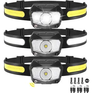 Headlamp Rechargeable 3Pack, 230 ° Wide Beam COB & 60 °   Super Birght LED Head Lamp with White Red Light, 7Mode Head Lights for Forehead with Motion Sensor, Headlamps for Adults Camping Running Hiking