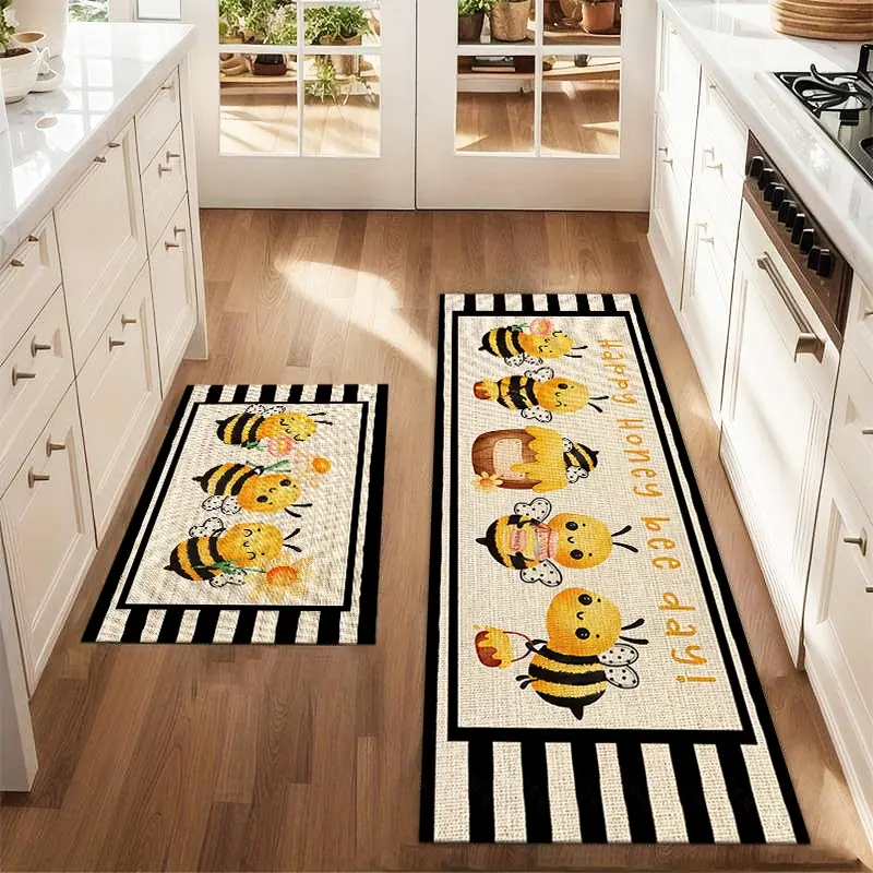 2Pcs Spring and summer bee stripes Floor mat set including farmhouse kitchen Pattern Rug dining room flooring laundry room decorative carpet mat Kitchen Floor Mats
