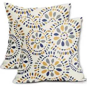 Blue and Yellow Throw Pillow Covers 18x18 Set of 2 Navy Yellow Grey Gray Boho Geometric Flower Pattern Print Decorative Pillowcases Farmhouse Outdoor Square Cushion Cases Decor for Sofa Bed Couch