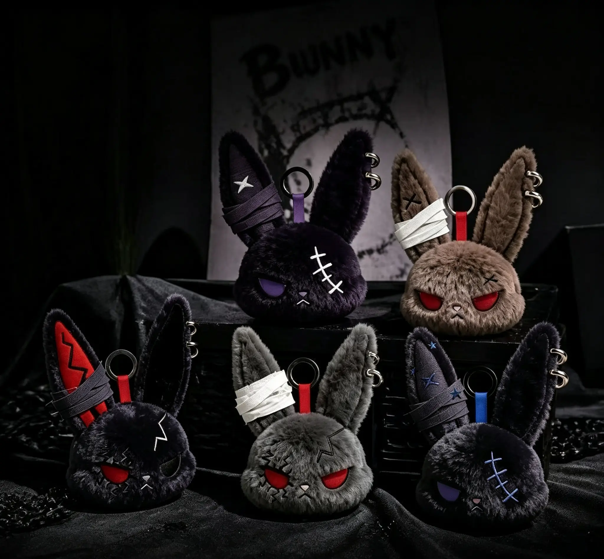 Dark Bunny Plush Keychain Charm - Cute Fierce Rebel Stuffed Animal Doll, Unisex Bag Charm, Backpack Accessory, Perfect Gift for Animal Lovers