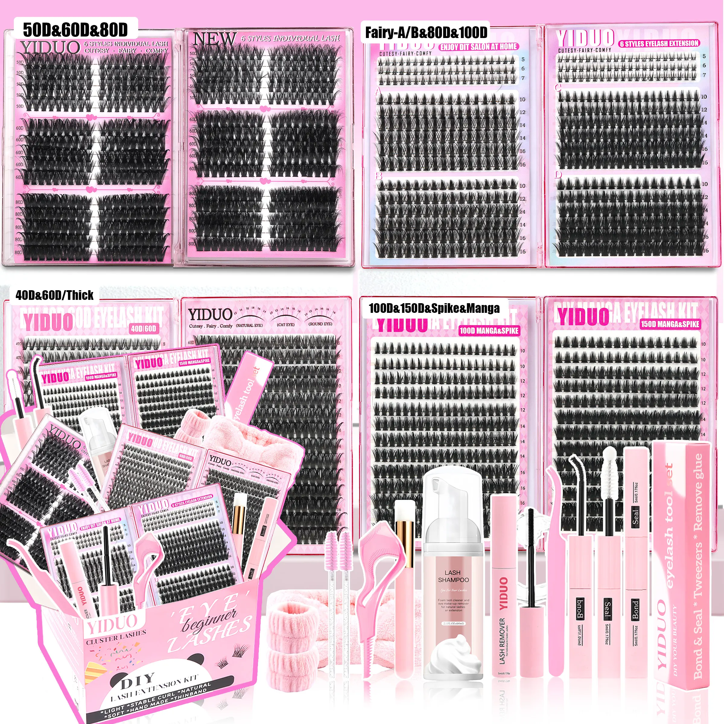 YIDUO 13-Style Eyelash Clusters Kit (Volume 40D-150D & Bottom Lashes), 2102pcs Lash Clusters Extension Kit, Individual Lash Extensions, Siren Lashes, Eyelash Extension Set with Bond & Seal, for Beginners & Professionals, Eyelashes Clusters Kit