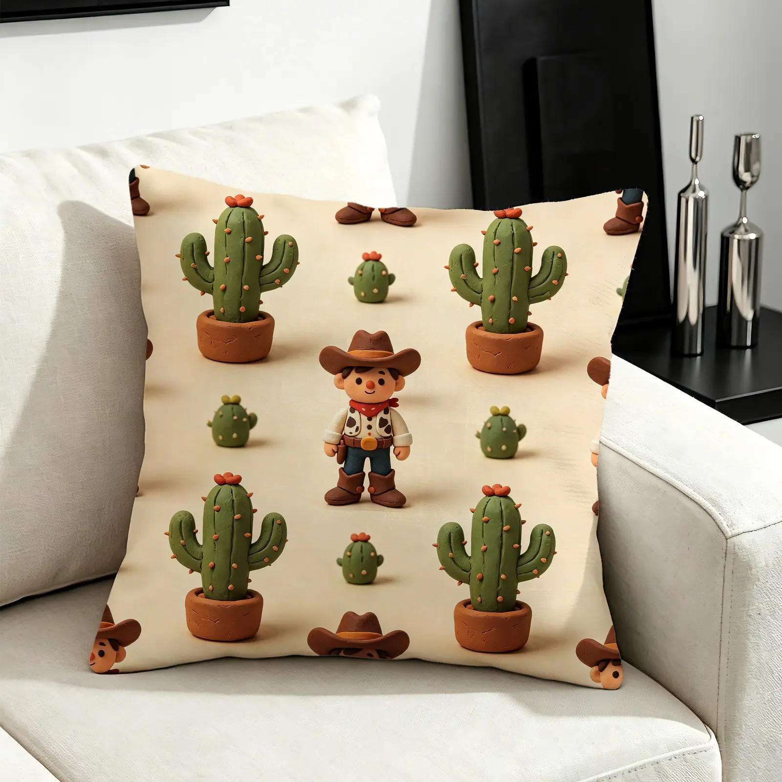 Cartoon Western Cowboy & Cactus Print Throw Pillow, Ultra Soft Microfiber Fabric, Filled Decorative Cushion for Sofa, Bay Window, Balcony & Cafe, Perfect Housewarming, Birthday & Christmas Gift