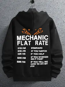 Men's Mechanic Flat Rate Hoodie, Regular Fit Casual Letter Print Pocket Drop Shoulder Long Sleeve Hooded Funny Graphic Sweatshirt, Men's Spring & Fall Clothes, Graphic Hoodies