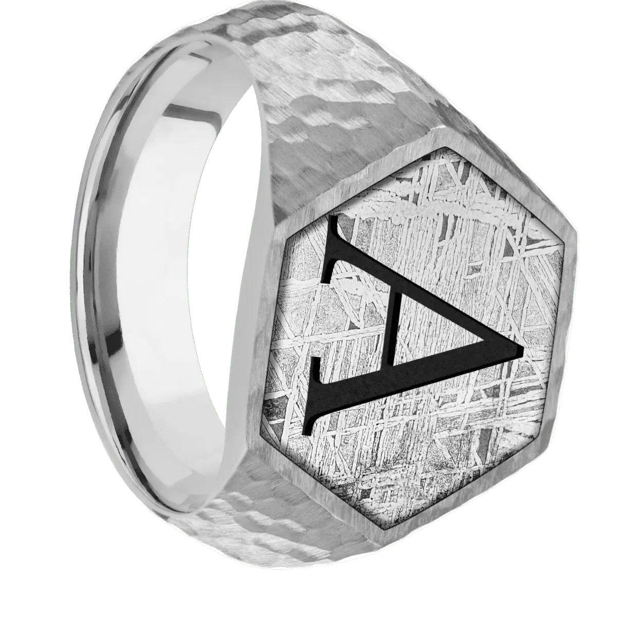 Large Hexagon signet ring (18.5x16mm) in Palladium Silver, with a Wide style band, a Meteorite inlay and a Book Antiqua 1 engraving.