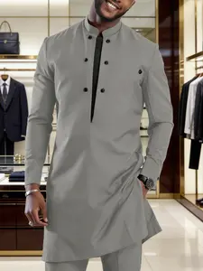 Men's Classic Dashiki Set, Stand Collar, Button Front, Split Hem Long Sleeve Top, Waist Drawstring Pants, Casual Wear for All Seasons, Menswear