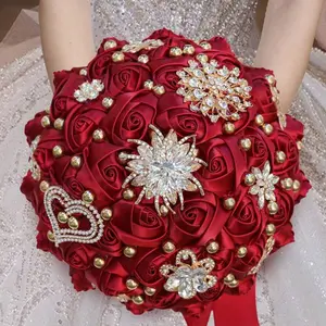 Large Luxury Heart Shaped Butterfly Faux Pearl Bridal Bouquet, Gold Rhinestone Satin Ribbon Rose, Burgundy Fabric Preserved Flower, Faux Fabric Rose Wedding Bouquet Halloween