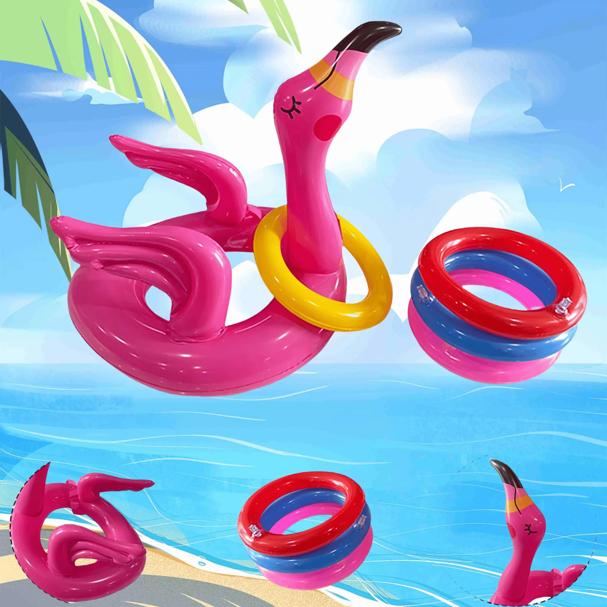 1/2sets Inflatable Flamingo Pool Toy Set, Inflatable Pool Floaters, Pool Inflatables, Luau Party Decoration, Hawaiian Beach Toys, Outdoor Carnival Game, Adult Family Use, Summer Party Supplies