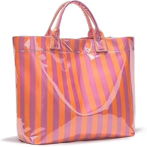 Vibrant Orange Purple Vertical Striped Glossy PVC Tote Bag, Large Waterproof Shoulder Handbag, Cute Summer Beach Grocery Shopping Travel Carryall Bag, Trendy Casual Daily Work Handbag for Women & Teen Girls