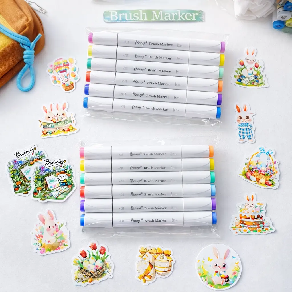 Bianyo 12-Pack Assorted Color Alcohol Brush Markers with Brush & Fine or Brush & Chisel Tips, Smooth Ink, No Streaking, Includes 12 Cute Stickers for Coloring Books & Journaling