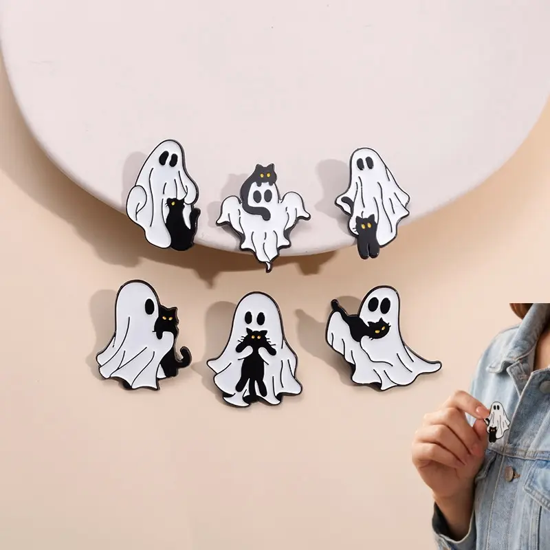 Cute Ghost & Cat Pattern Brooch Lapel Pin, Unique Halloween Style Jewelry for Parties, Daily Outfit Ornaments for Girls, Stylish Daily Matching Accessories-MM1
