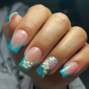 24pcs Medium Square Blue French 3D Gel Nails, Rhinestone Decor, Sweet European Style, Easy Wear Acrylic False Nails Set for Women Girls