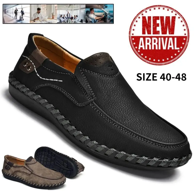 Men's Classic Handmade Leather Loafers - Formal Footwear, Synthetic-Accent Round Toe Ankle Slip-On Flat Shoes for Business Casual Office Wear, Foldable