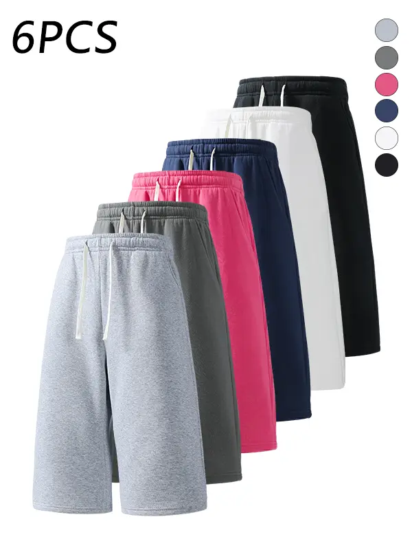 6-pack men’s casual athletic 3/4 pants, adjustable drawstring waistband, loose straight cut, skin-friendly breathable fabric