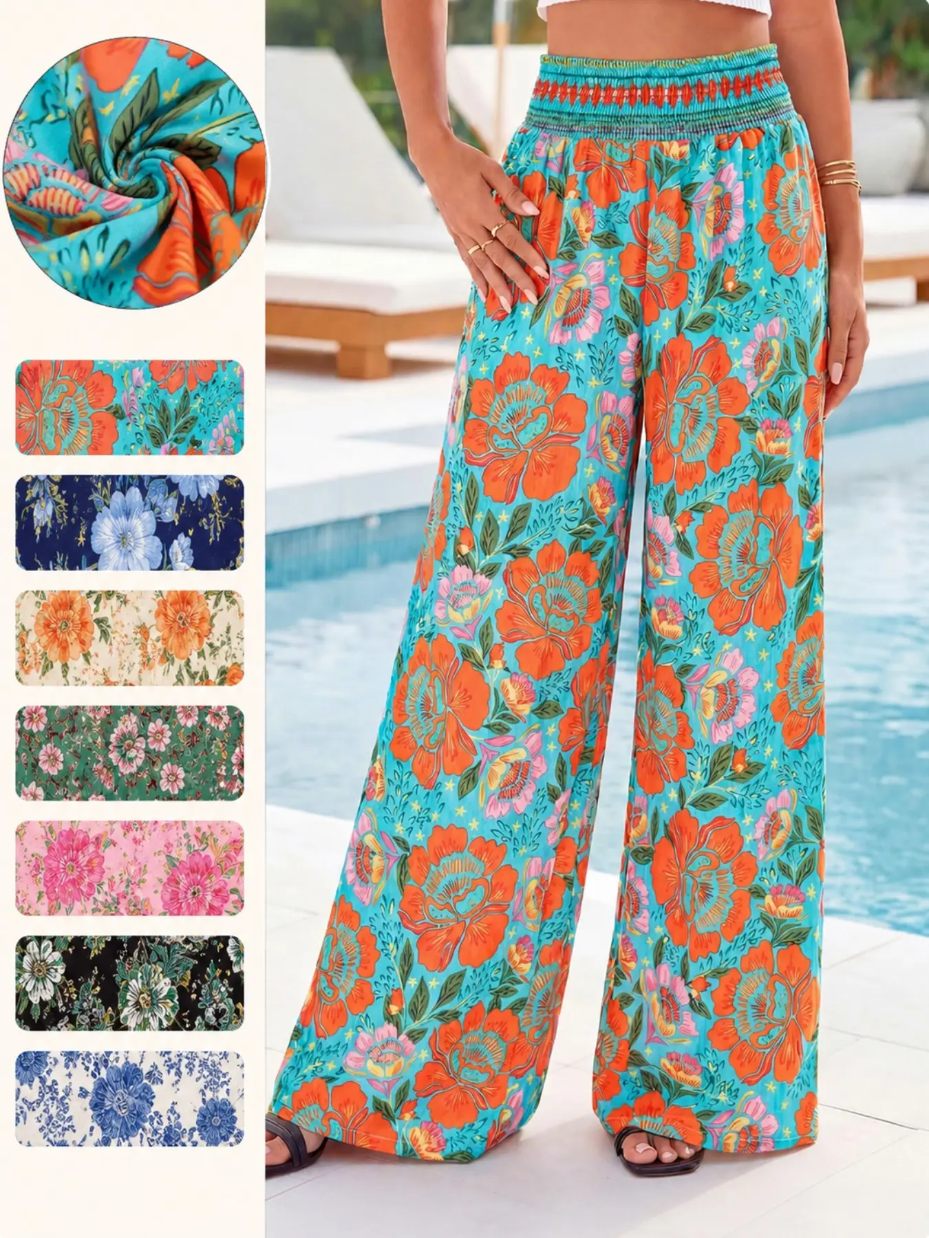 Spring Summer Casual Floral Print Baggy Long Pants Trouser for Women, New Loose High Waist Elastic Wide Leg Pants, Comfortable and Stylish Fashion Bottoms
