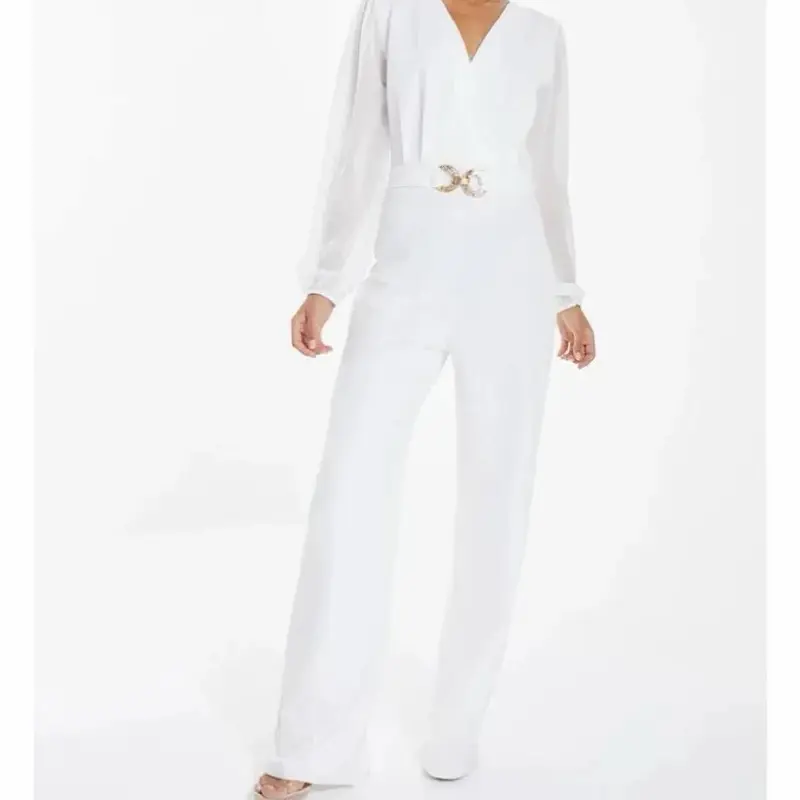 Women's White Chiffon Buckle Palazzo Jumpsuit