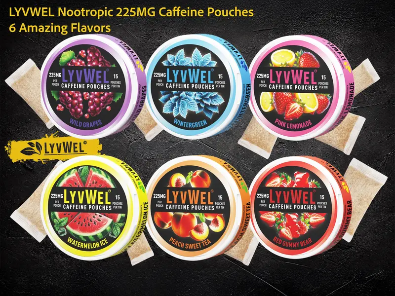 LyvWel Energy Pouches 1 pack 225mg Caffeine Energy Pouches | Nootropic Focus & Neuro Support | Nicotine-Free, Quick Energy Solution | 15 Pouches