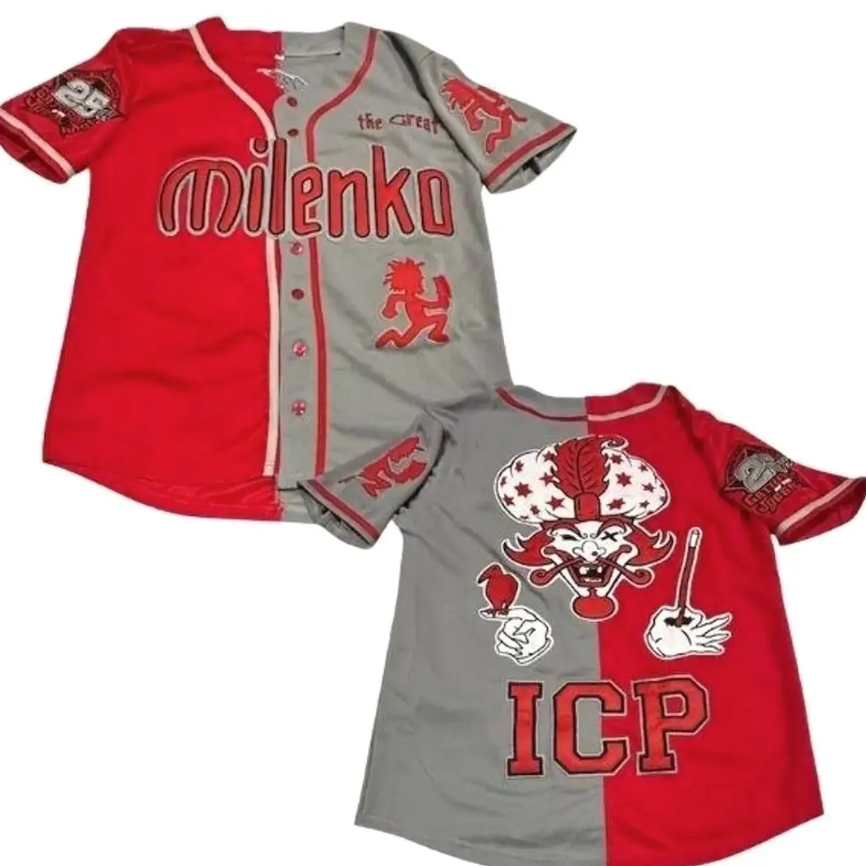 Insane Clown Posse Split Colors Red Milenko Baseball Jersey - 100% Polyester, V-neck, Breathable, Soft, Lightweight, Sizes S to 5XL Sports Clothing Sports Tops