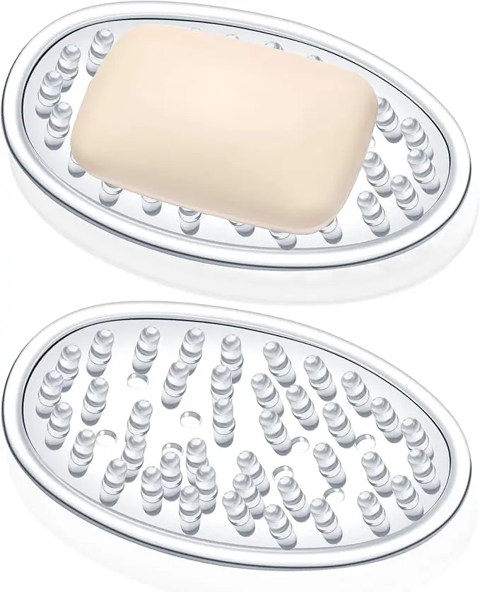 Click to see full view        5 VIDEOS 2 Pcs Plastic Soap Holder Soap Dish Bar Saver Tray with Holes Sponge Holder for Kitchen Bathroom Shower Counter, 4.5 x 3 x 0.7 Inches (Clear)