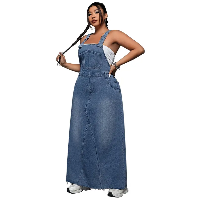 Women's 3-Piece Overall Dress Set, Retro Distressed Cotton Denim A-Line Pinafore with Hoodie & T-Shirt, Below-Knee Cut, Plus Size Fit, Comfy