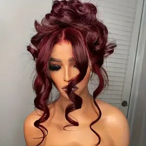 Hidden Strap Body Wave 360 99j Burgundy Glueless Wigs Human Hair Pre Plucked Pre Bleached Human Hair Wig With Drawstring Wet and Wavy HD Full Lace Front Wigs Human Hair 180% Density