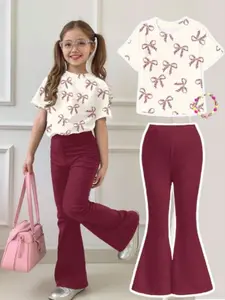 Cream Vintage Fashion Sweet Mini Cute Bow Pattern Set, Casual Loose Fit Round Neck Short Sleeve T-Shirt & Tight Bell Bottoms Two-Piece