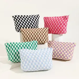 6 pack Stylish Checkered Makeup Bag for Women, Preppy Cosmetic Bag, Travel Toiletry Bag Organizer Cute Makeup Brushes Storage