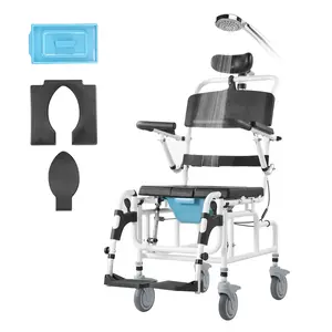 VEVOR Shower Wheelchair, 17.5in Width Aluminum Alloy Bathroom Wheelchair for Inside Shower, Adjustable Rolling Shower Chair w/ Brake for Disabled Adult, 300 lbs Capacity Shower Transport Chair