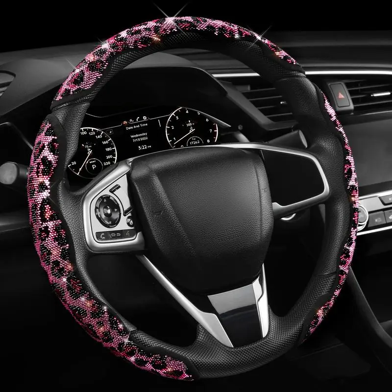 Bling Diamond Rhinestone Embellished Leopard Car Steering Wheel Cover, Multi-Color Leopard Design (Pink, Red, Black), Cute Decorative Auto Accessory for Female Drivers, Suitable for Most Trucks & SUV Vehicles