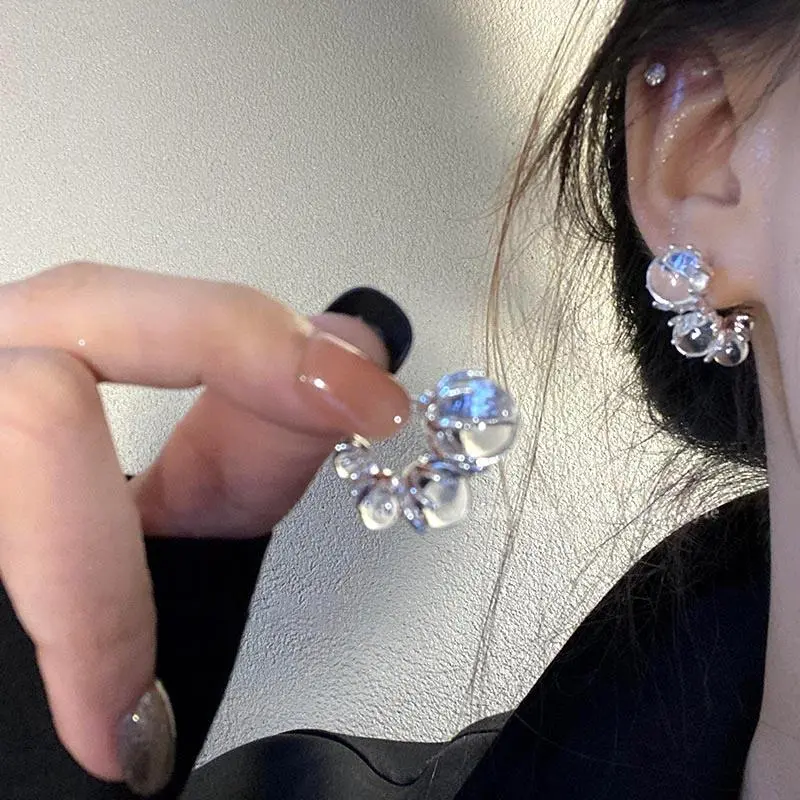 New Trend Silver Color Plated Transparent Round Balls Stud Earrings For Women Korean Fashion Earring For Girl Jewelry