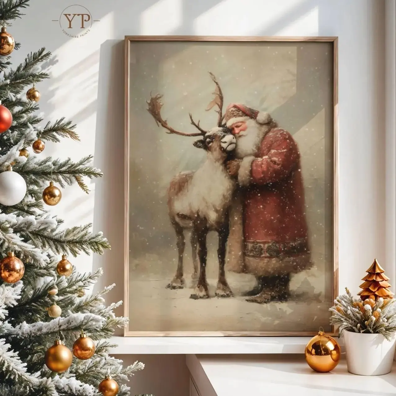 Cozy Christmas Wall Art  | Santa with Reindeer Vintage Print | Holiday Decor | Gift Idea | Framless Poster D