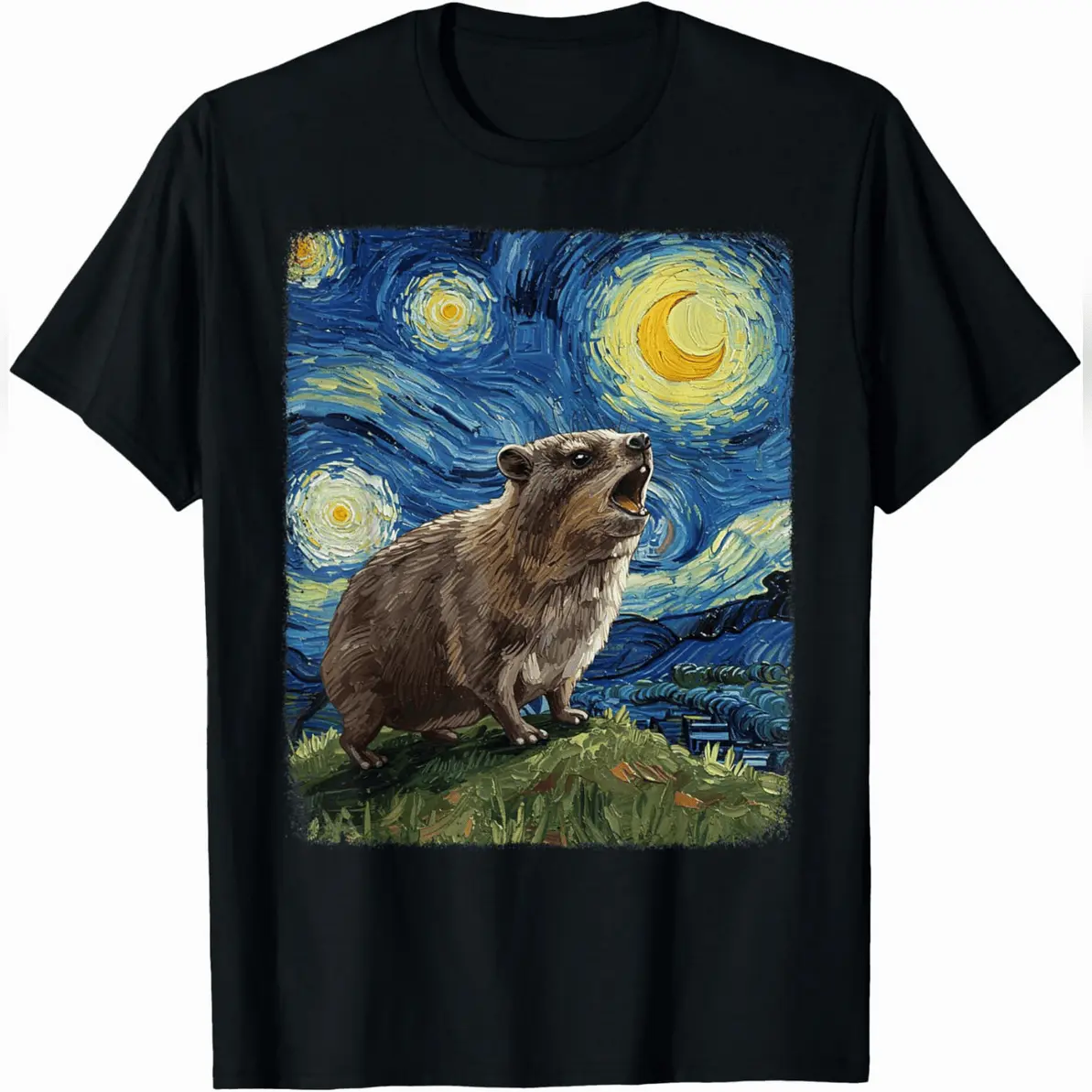 Men's 100% Cotton Rock Hyrax Van Gogh Starry Night Funny Graphic Short-Sleeve Round Neck Casual Top, Relaxed Fit Eco-Friendly Streetwear Menswear, Cold Wash All-Season Tee