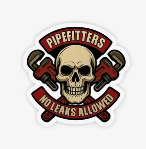 Funny Skull Motif Pipefitter Plumbing Work Label, Peel-Off Easy Vinyl Sticker, No Leaks Allowed, Outdoor Use, Multi-Size, Vibrant Vinyl Layer (90L)