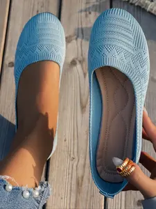 Women's Fashion Embroidered Breathable Rubber Slip-On Ballet Flats, Summer Casual Striped Mary Jane Shoes, Low Heel Single Shoe Footwear