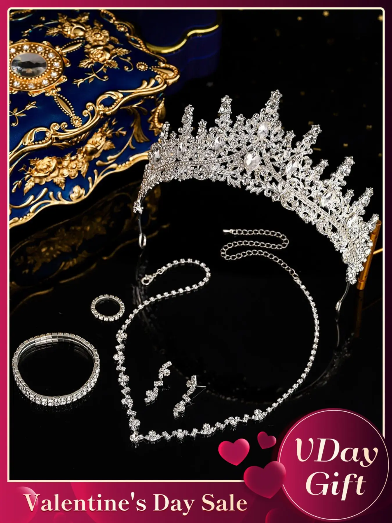 Elegant Rhinestone Decorated Crown & Necklace & Ring & Earrings & Bracelet, Wedding Bridal Jewelry Set, Fashion Accessories for Party Decoration, Daily Clothing Decor, Elegant Crown Design, Jewellery