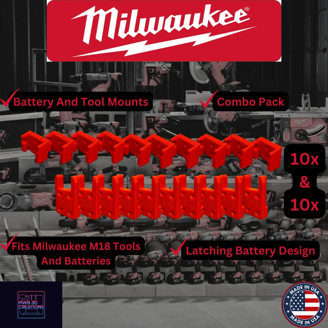 20 Piece Combo Pack! Milwaukee M18 Battery And Tool Mounts/Holders/Hangers -Heavy Duty tool holder organizer garage tool rack