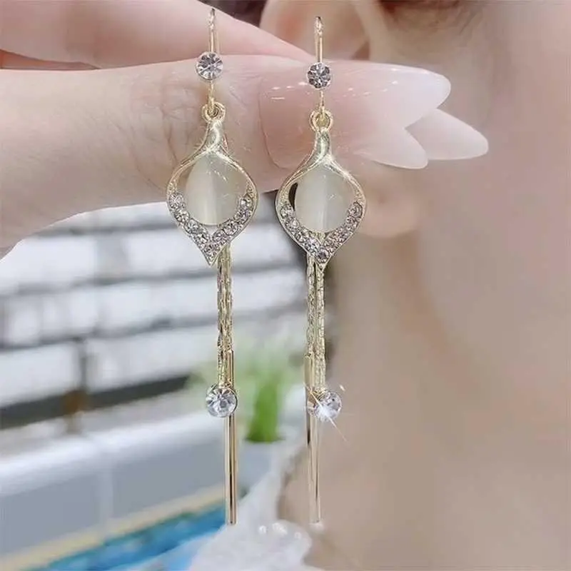 Women's Sparkling Cat's Eye Stone Tassel Threader Earrings - Threaded Hook Long Drop Casual Wear Influencer Costume Jewelry HNAM41
