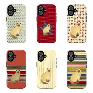 6Pcs Cute Siamese Cat Phone Case Set, Retro Stripe/Polka Dot Protective Cover for iPhone 16 15 14 13 12 11 17Pro Max,for Samsung S25 S24 S23 S22 Ultra,Gifts For Fans, Phone Accessories