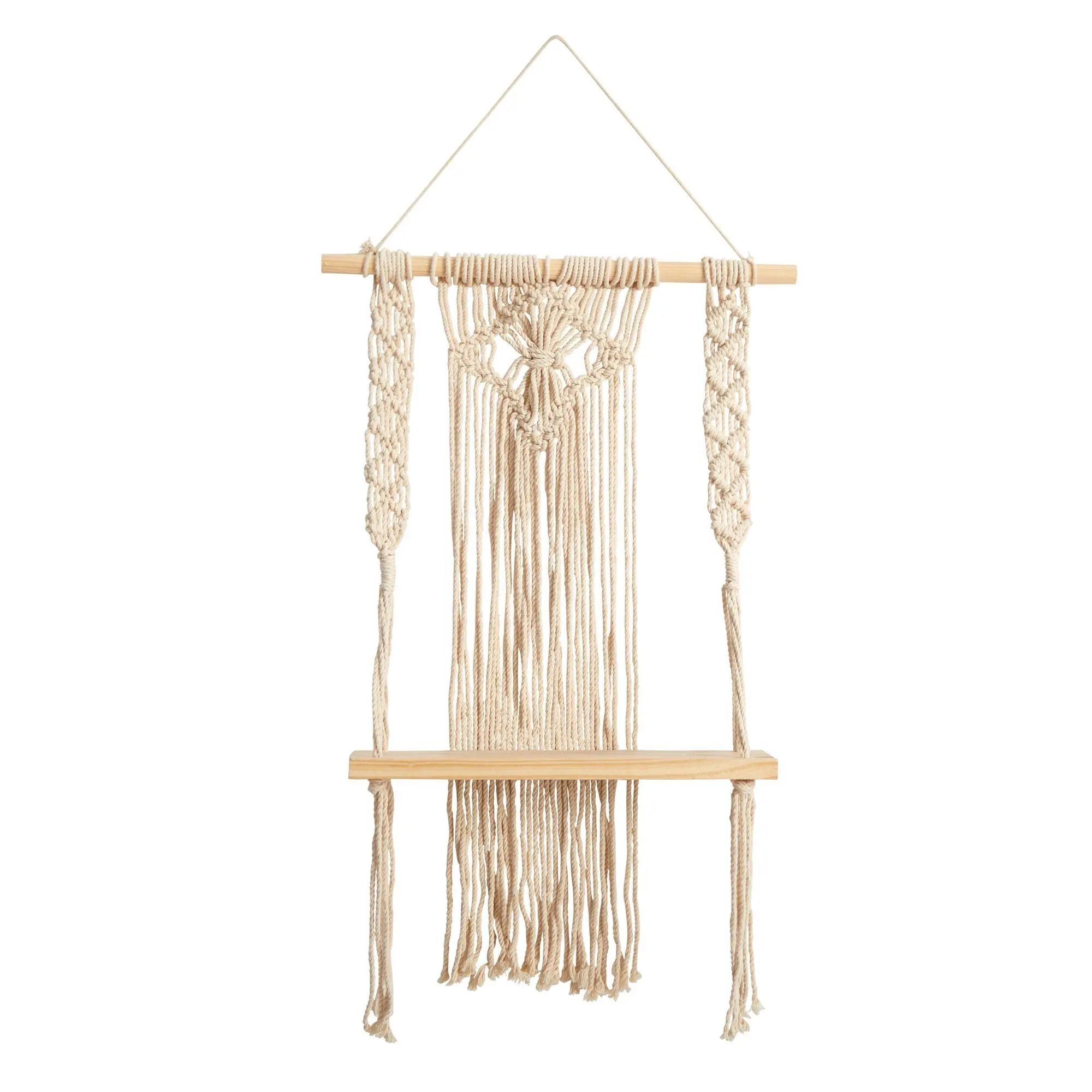 24" Handmade Craft Wooden Woven Wall-Mount Storage Shelf, Boho Chic Whimsical Diamond Decor with Hooks for Bedroom Home Supplies
