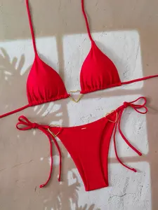 Women's Solid Color Sexy Tie Strap Halter String Bikini Swimsuit Set with Metal Accessories, Stylish Beachwear for Summer Fun and Pool Days