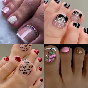 Women's Short Rounded Square Press On Toenails, 4 Boxes (96 Pieces) Full Cover Pedicure Nail Art Combination Set for Spring, Summer, Press On Nails, Nail Press On Nails